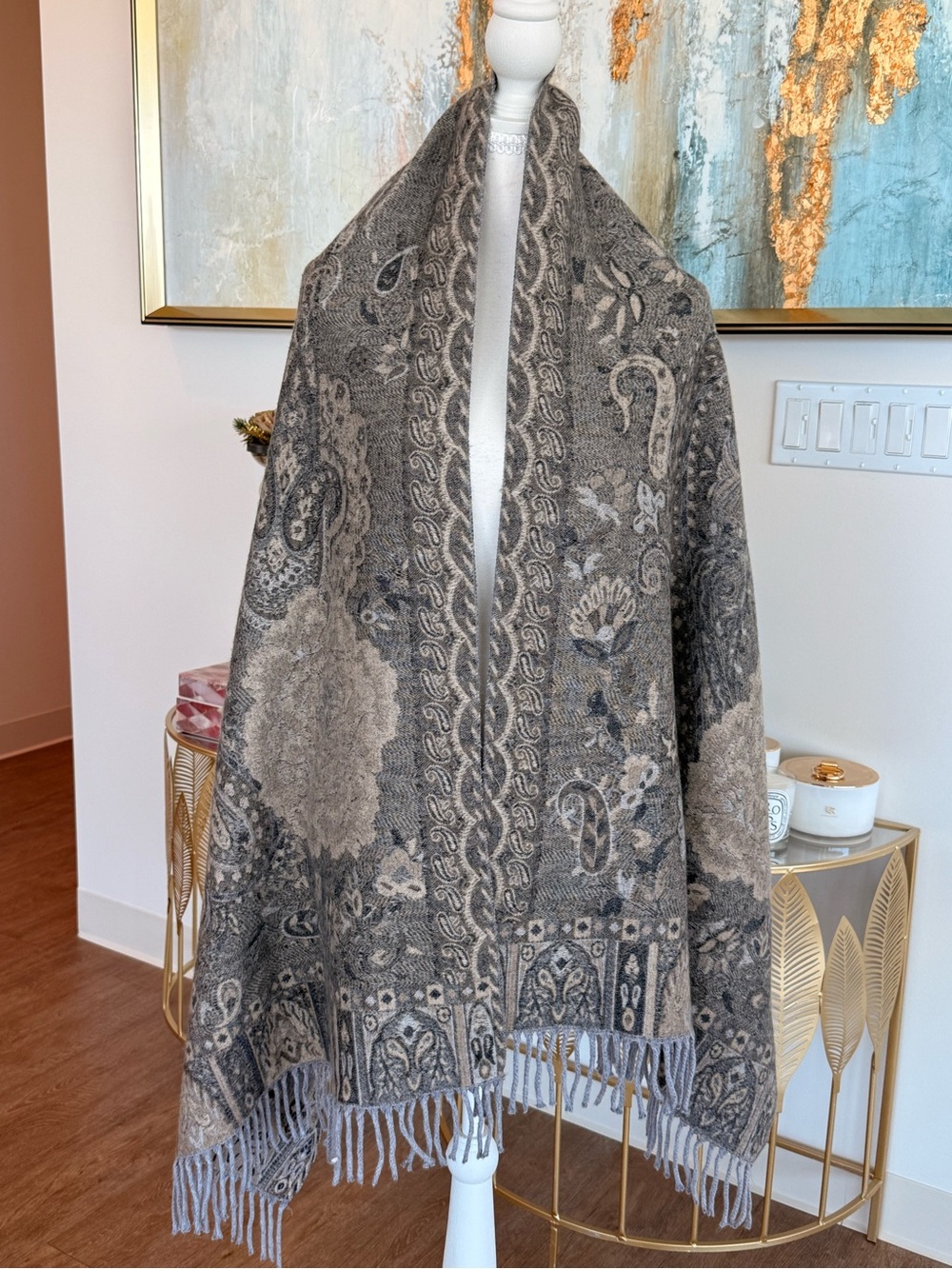 Woven Paisley Fringe Shawl Coat in Gray